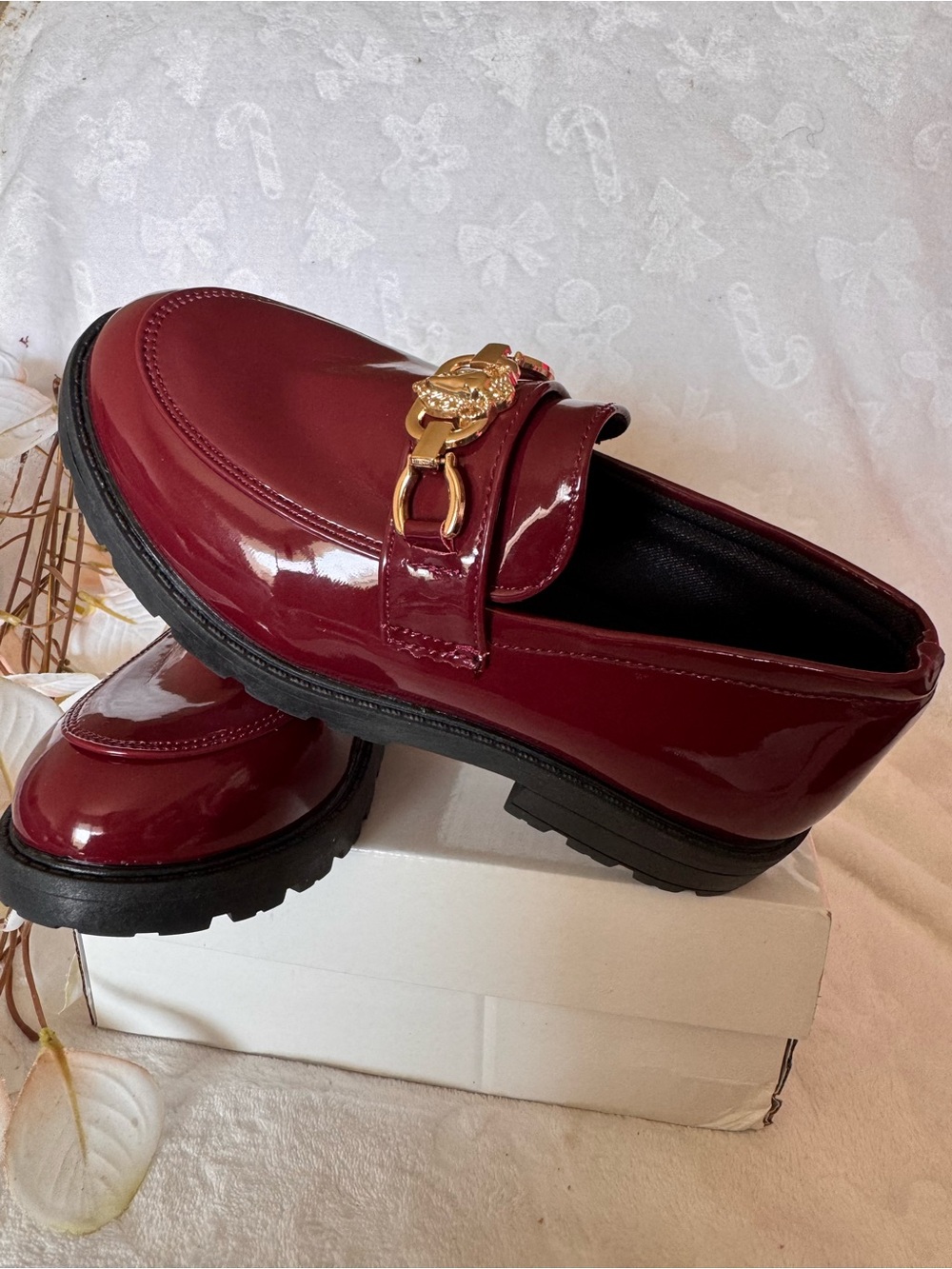 Patent Burgundy Men’s Loafers with Gold Bit Detail
